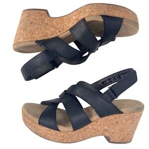 Clarks Womens Black Leather Strappy Cork Wedge Sandal Slingback Size 6.5M